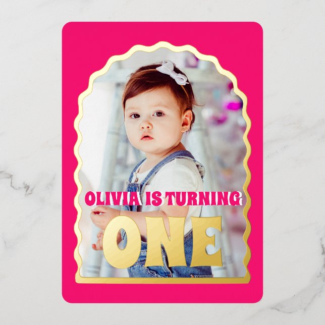 Invitation En Aluminium Gold Daisy ONE First Birthday Party Photo (Recto)