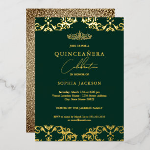 Invitation En Aluminium Gold Damask Emerald Quinceanera 15e anniversaire