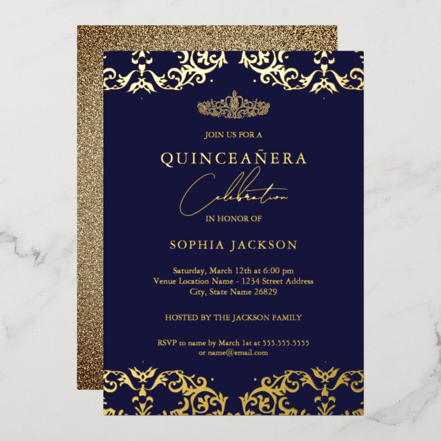 Invitation En Aluminium Gold Damask Marine Quinceanera 15e anniversaire (Recto/Verso)