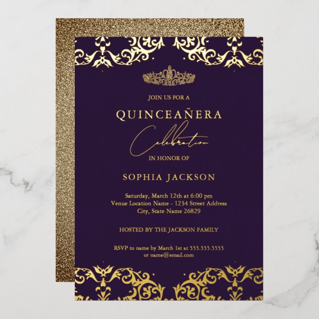 Invitation En Aluminium Gold Damask Purple Quinceanera 15e anniversaire (Recto/Verso)