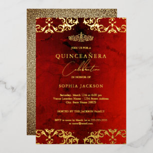 Invitation En Aluminium Gold Damask Ruby Red Quinceanera 15e