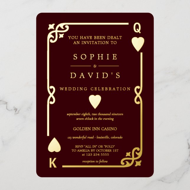 Invitation En Aluminium Gold Deep Burgundy Casino Vegas Poker Wedding (Recto)