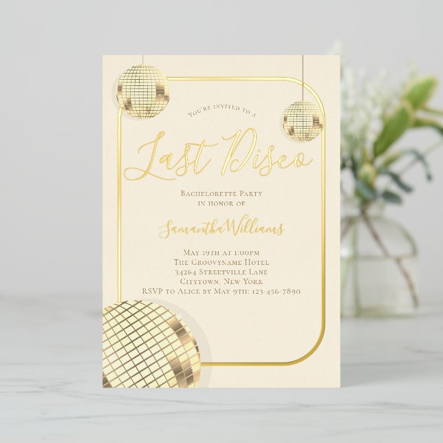 Invitation En Aluminium Gold Dernier Disco Bachelorette Party (Debout devant)
