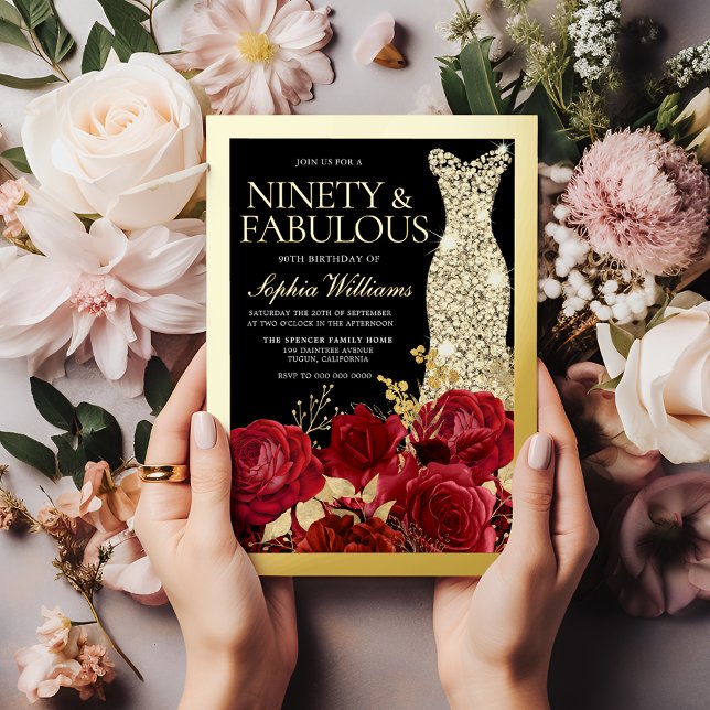 Invitation En Aluminium Gold Dress, Red Roses Ninety 90th Birthday Gold (Créateur téléchargé)