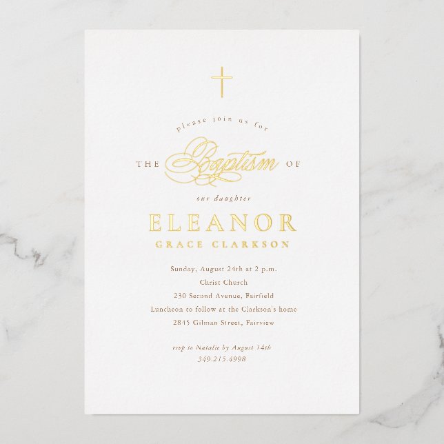Invitation En Aluminium Gold Elegant Gold Cross Calligraphie Baptême (Recto)