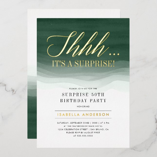 Invitation En Aluminium Gold & Emerald Vert Aquarelle Surprise Anniversair (Recto/Verso)