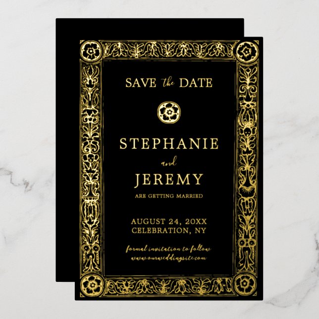 Invitation En Aluminium Gold et Black Elegant Enregistrer la date (Recto/Verso)