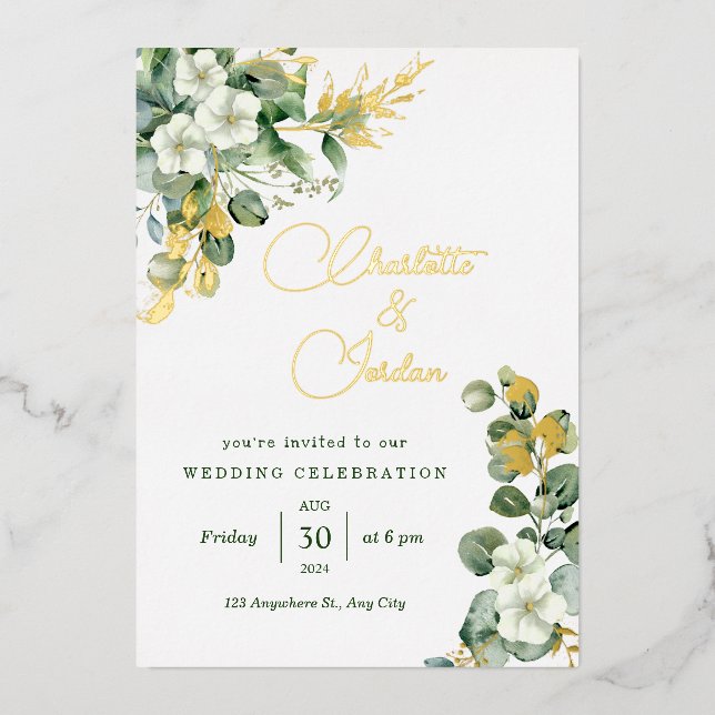 Invitation En Aluminium Gold Eucalyptus Wreath Green Sea Glass Mariage (Recto)