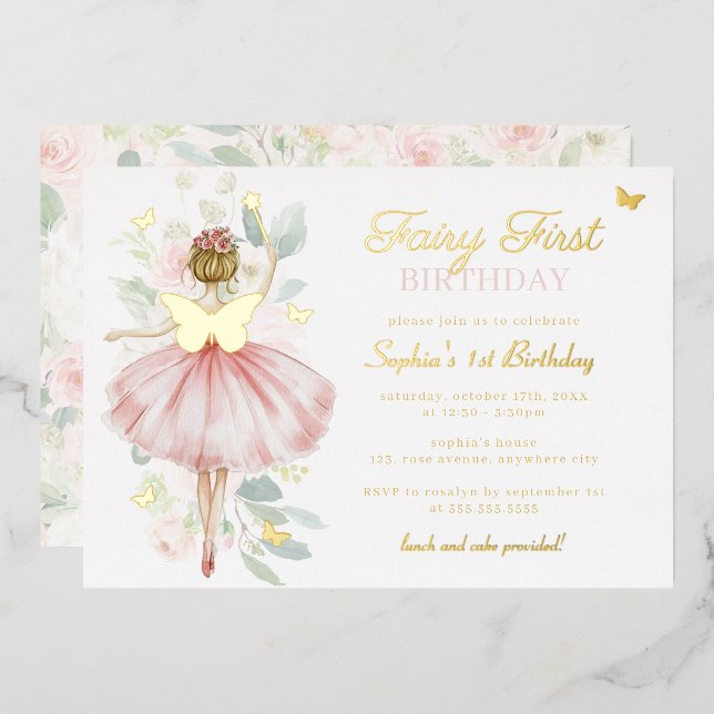 Invitation En Aluminium Gold Fairy Premier 1er Anniversaire Papillon (Recto/Verso)