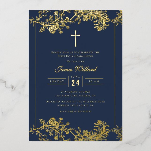 Invitation En Aluminium Gold Floral Cross Navy Boys Première communion (Recto)
