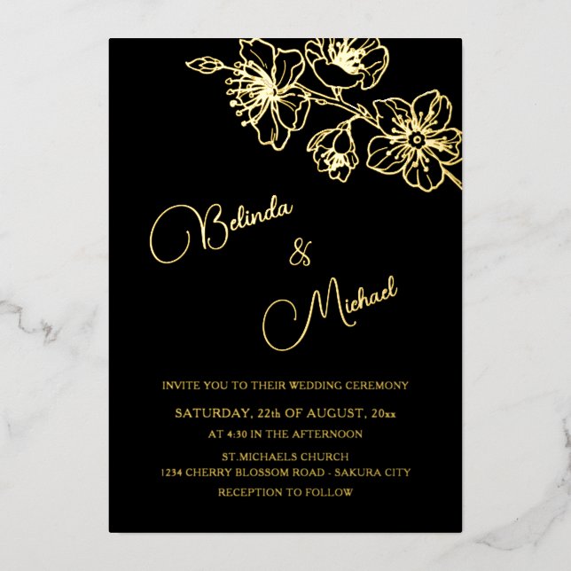 Invitation En Aluminium Gold Floral Line Art | Photo Wedding (Recto)