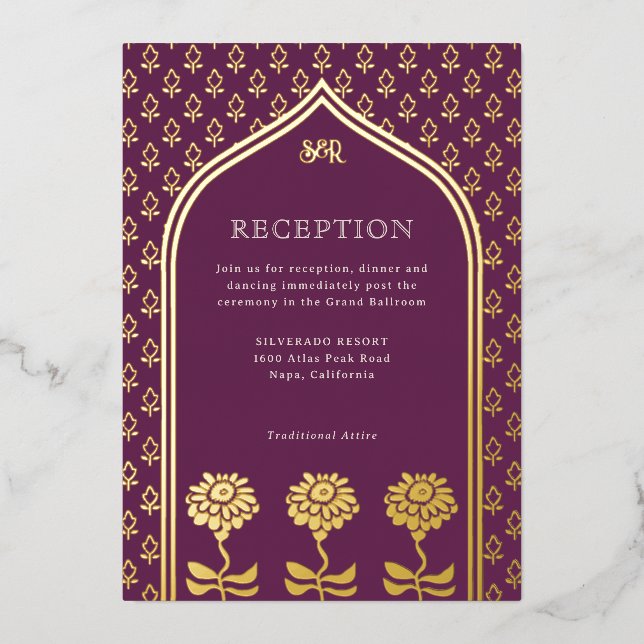 Invitation En Aluminium Gold Floral Marigold Réception de mariage indien (Recto)