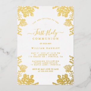 Invitation En Aluminium Gold Floral Vintage Garçons Première Communion