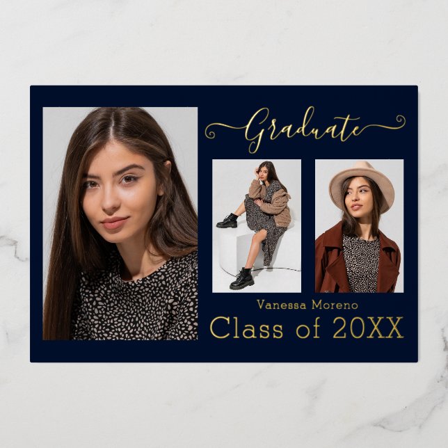 Invitation En Aluminium Gold Foil 3 Photo Moderne Calligraphie Blu Grad Ca (Recto)