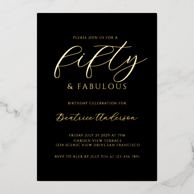Invitation En Aluminium Gold Foil 50 and Fabulous Black (Recto)