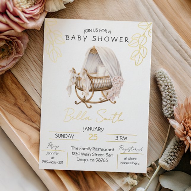 Invitation En Aluminium Gold Foil Baby Shower Elegant Script Cradle (Créateur téléchargé)