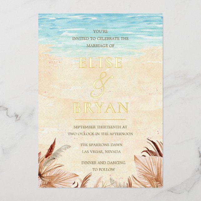Invitation En Aluminium Gold Foil Beach Boho Bohemian Beach Wedding (Recto)