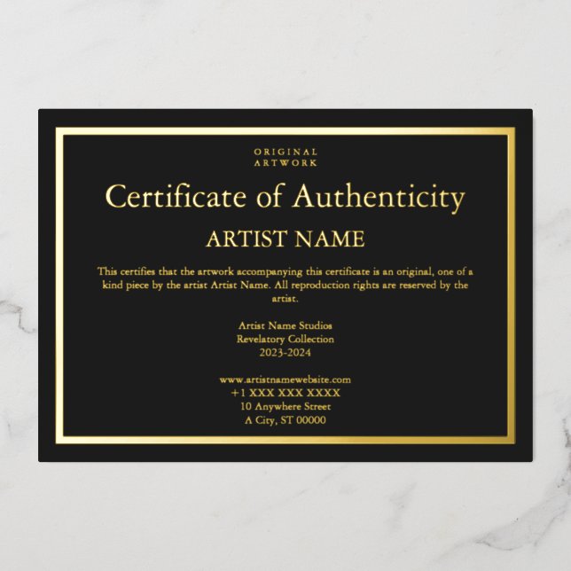 Invitation En Aluminium Gold Foil Black Certificat d'authenticité Art (Recto)