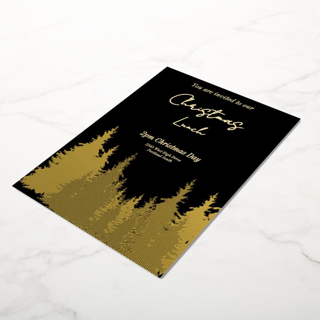 Invitation En Aluminium Gold Foil Black Graphic Pine Tree Noël (Rotation)