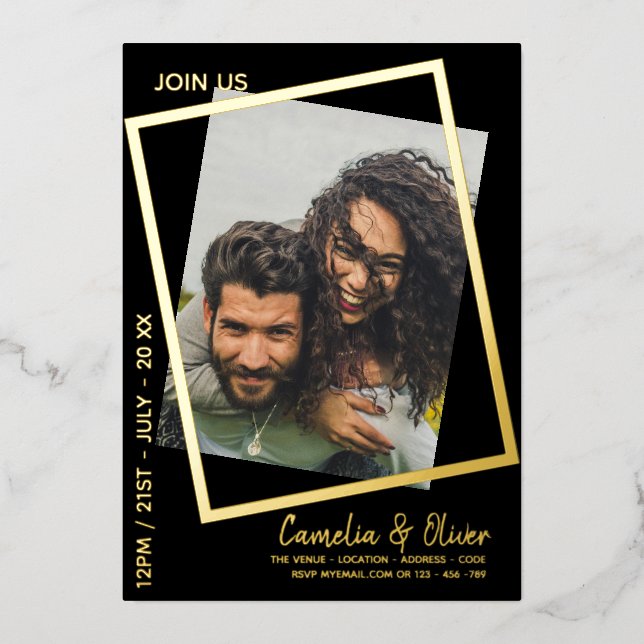 Invitation En Aluminium GOLD FOIL Black PHOTO Mariage QR Code Driving Foi (Recto)