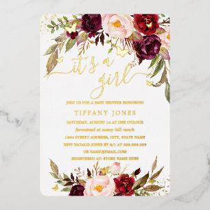 Invitation En Aluminium GOLD FOIL Blush Bourgogne Baby shower Floral