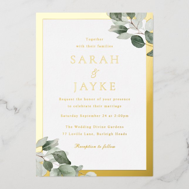 Invitation En Aluminium Gold Foil Bordure Vert Feuilles Élégant mariage (Recto)