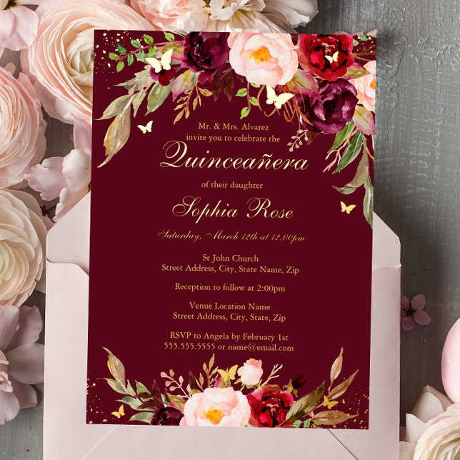 Invitation En Aluminium GOLD FOIL Bourgogne Blush Floral Quinceanera (Créateur téléchargé)