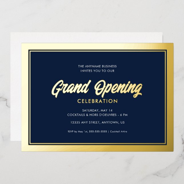 Invitation En Aluminium Gold Foil Calligraphie Blue Grand Ouverture (Recto/Verso)