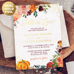 Invitation En Aluminium Gold Foil Chute en amour Automne Floral Mariage