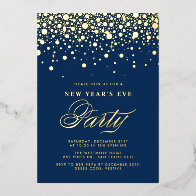 Invitation En Aluminium Gold Foil Confetti Dots Blue New Year's Eve Party (Recto)