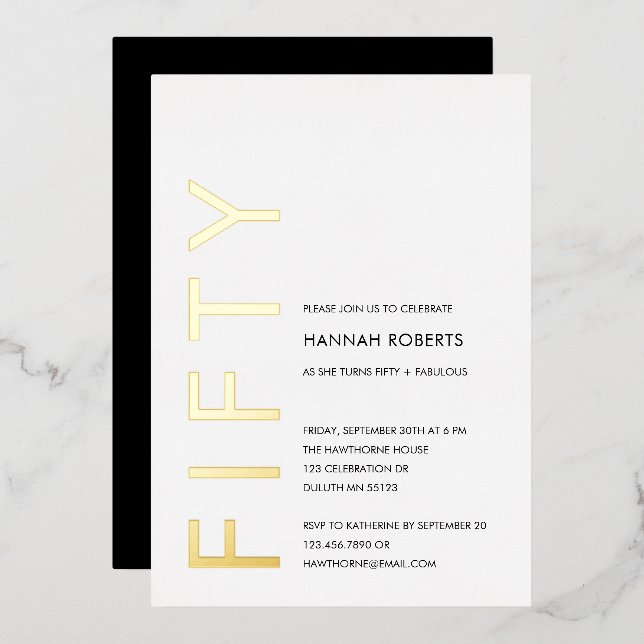 Invitation En Aluminium Gold Foil Fifty and Fabulous 50th Birthday Party (Recto/Verso)