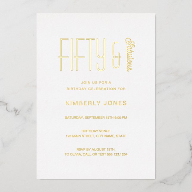 Invitation En Aluminium Gold Foil Fifty and Fabulous 50th Birthday Party (Recto)