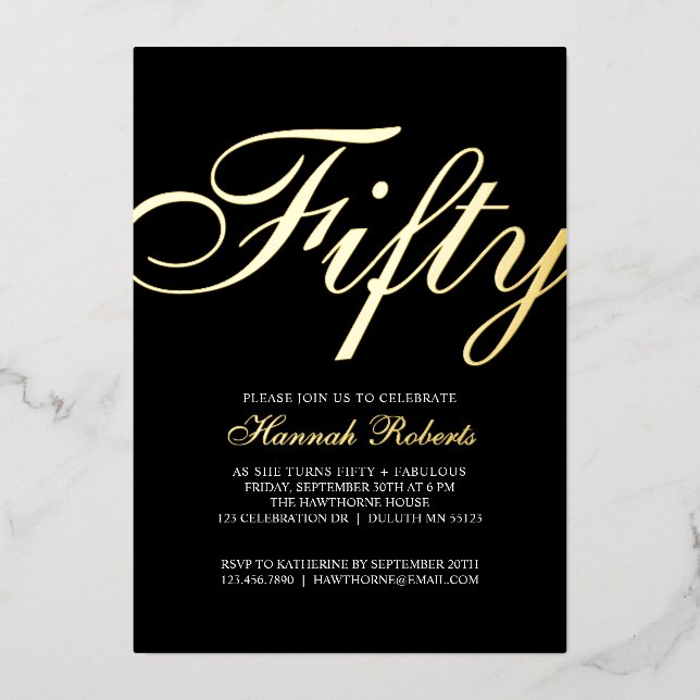 Invitation En Aluminium Gold Foil Fifty and Fabulous 50th Birthday Party  (Recto)