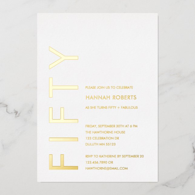 Invitation En Aluminium Gold Foil Fifty and Fabulous 50th Birthday Party (Recto)