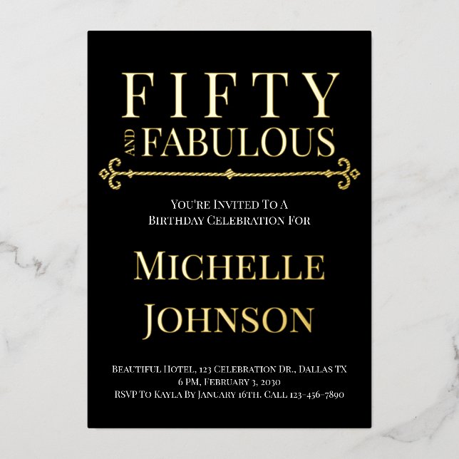 Invitation En Aluminium Gold Foil Fifty and Fabulous 50th Birthday Party (Recto)