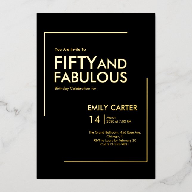 Invitation En Aluminium Gold Foil Fifty and Fabulous 50th Birthday Party (Recto)