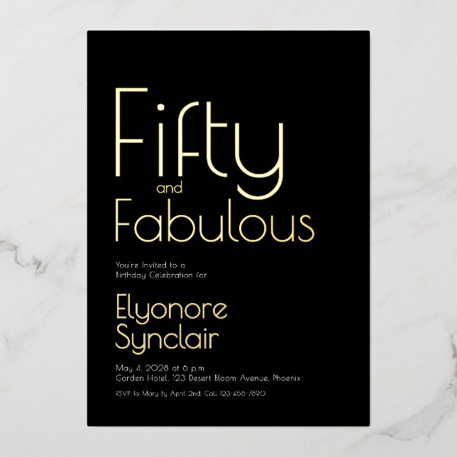 Invitation En Aluminium Gold Foil Fifty and Fabulous 50th Birthday Party (Recto)