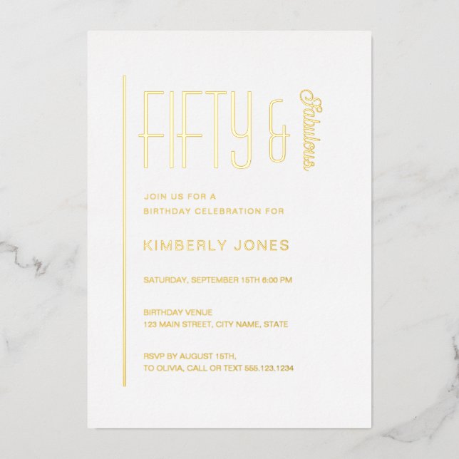 Invitation En Aluminium Gold Foil Fifty and Fabulous 50th Birthday Party (Recto)