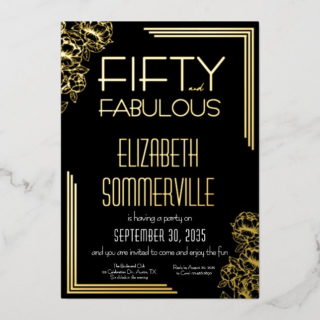 Invitation En Aluminium Gold Foil Fifty and Fabulous 50th Birthday Party (Recto)