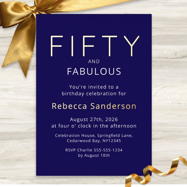 Invitation En Aluminium Gold Foil Fifty and Fabulous 50th Birthday Party (A stylish navy blue 50th birthday party invitation with a modern design and gold foil detail)