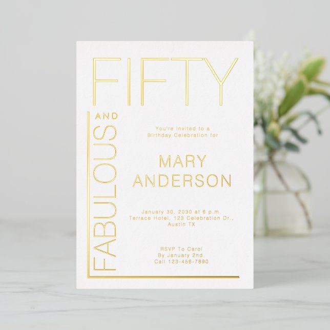 Invitation En Aluminium Gold Foil Fifty and Fabulous 50th Birthday Party (Debout devant)