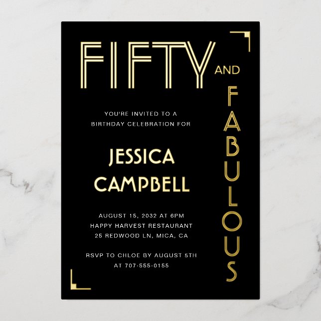 Invitation En Aluminium Gold Foil Fifty and Fabulous 50th Birthday Party (Recto)