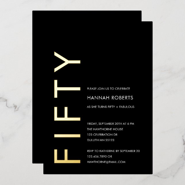 Invitation En Aluminium Gold Foil Fifty and Fabulous 50th Birthday Party (Recto/Verso)