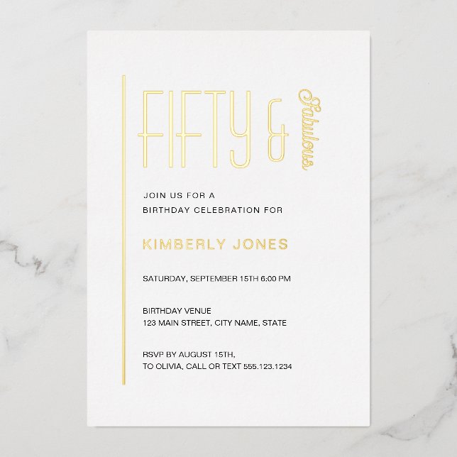 Invitation En Aluminium Gold Foil Fifty and Fabulous 50th Birthday Party (Recto)