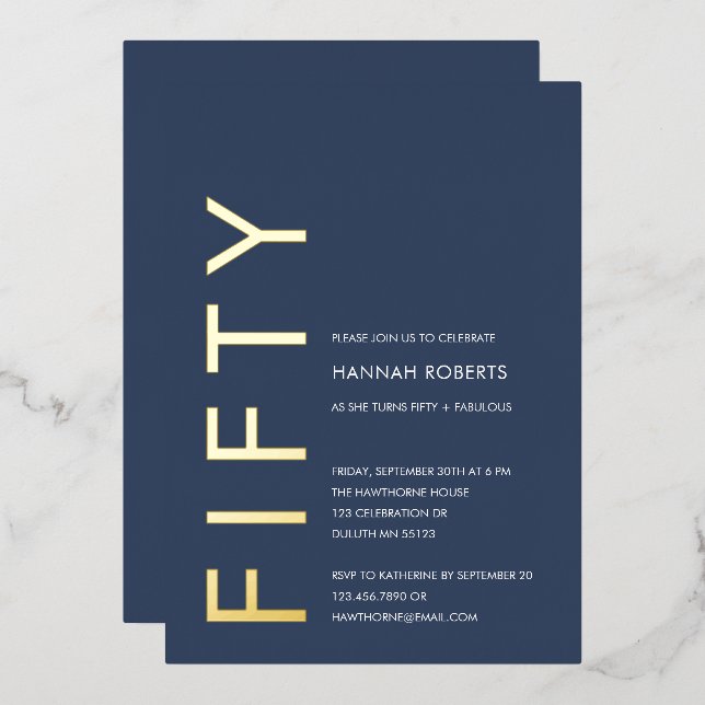 Invitation En Aluminium Gold Foil Fifty and Fabulous 50th Birthday Party (Recto/Verso)