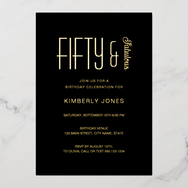 Invitation En Aluminium Gold Foil Fifty & Fabulous 50th Birthday Party (Recto)