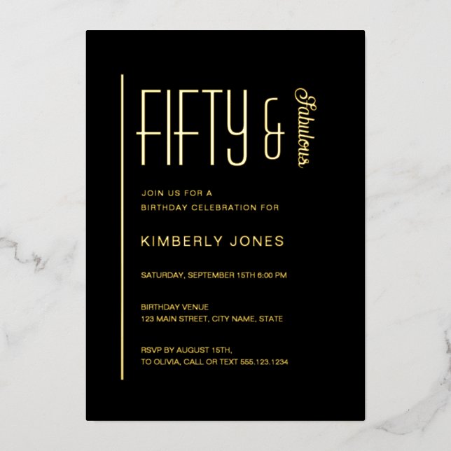 Invitation En Aluminium Gold Foil Fifty & Fabulous 50th Birthday Party (Recto)