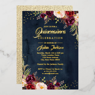 Invitation En Aluminium GOLD FOIL Floral Bourgogne Marine Gold Quinceanera