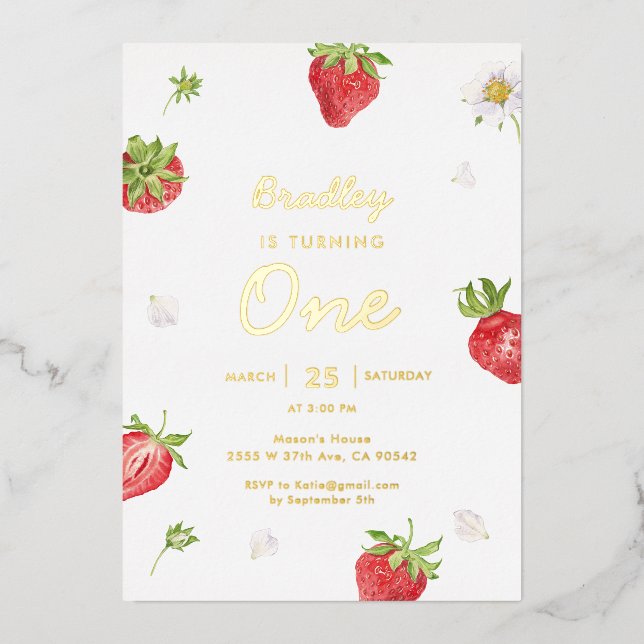 Invitation En Aluminium Gold Foil Fraise Girl Premier anniversaire (Recto)