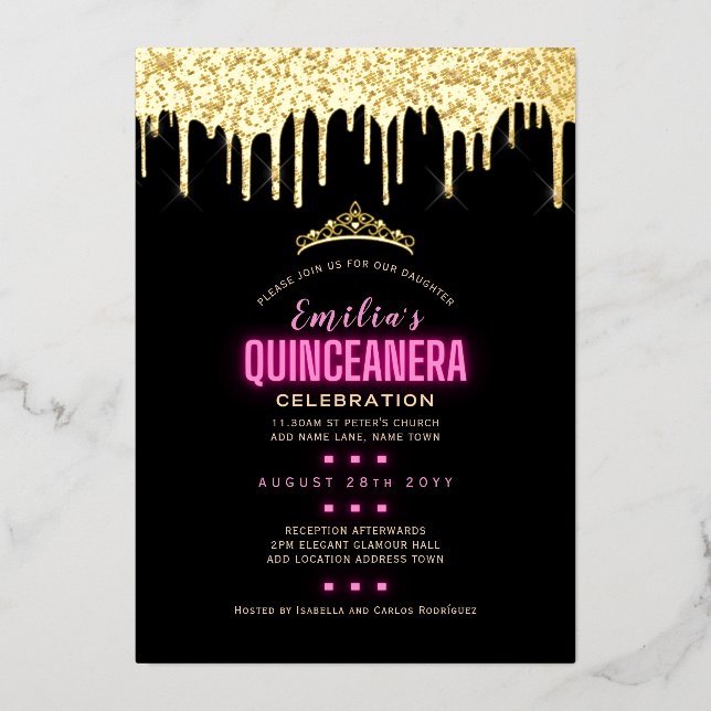 Invitation En Aluminium Gold Foil Girly rose 15e anniversaire Quinceanera (Recto)